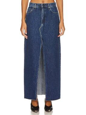 Rag & Bone Avery Denim Maxi Skirt Long Cotton Raw Hem Slit Pockets Blue Size 29